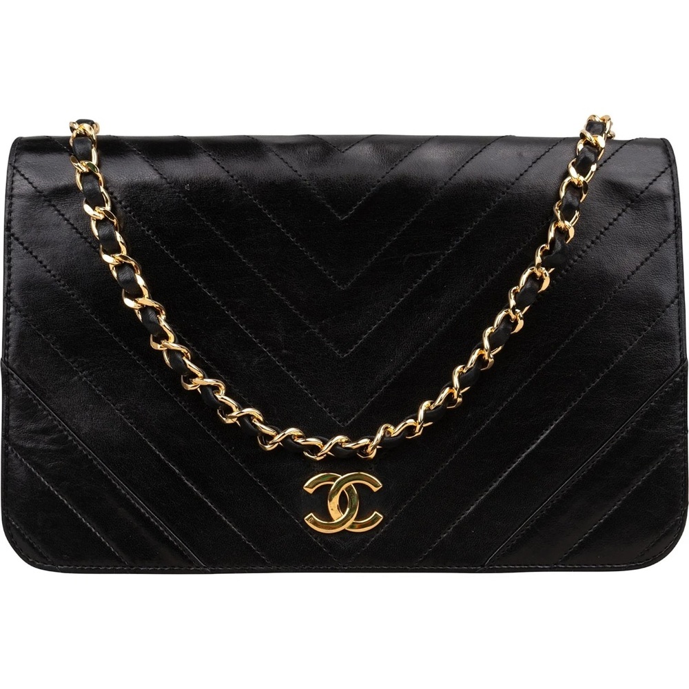 Authentic CHANEL black lambskin leather V stitch single flap 24k gold hardware